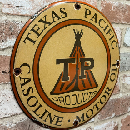 Texas Pacific TP Gasoline Motor Oil Porcelain Enamel Sign (12in)