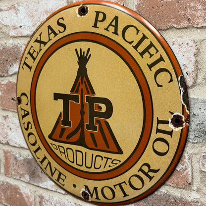 Texas Pacific TP Gasoline Motor Oil Porcelain Enamel Sign (12in)