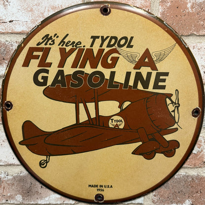 Tydol Flying A Gasoline 1936 Aviation Porcelain Enamel Sign (12in)