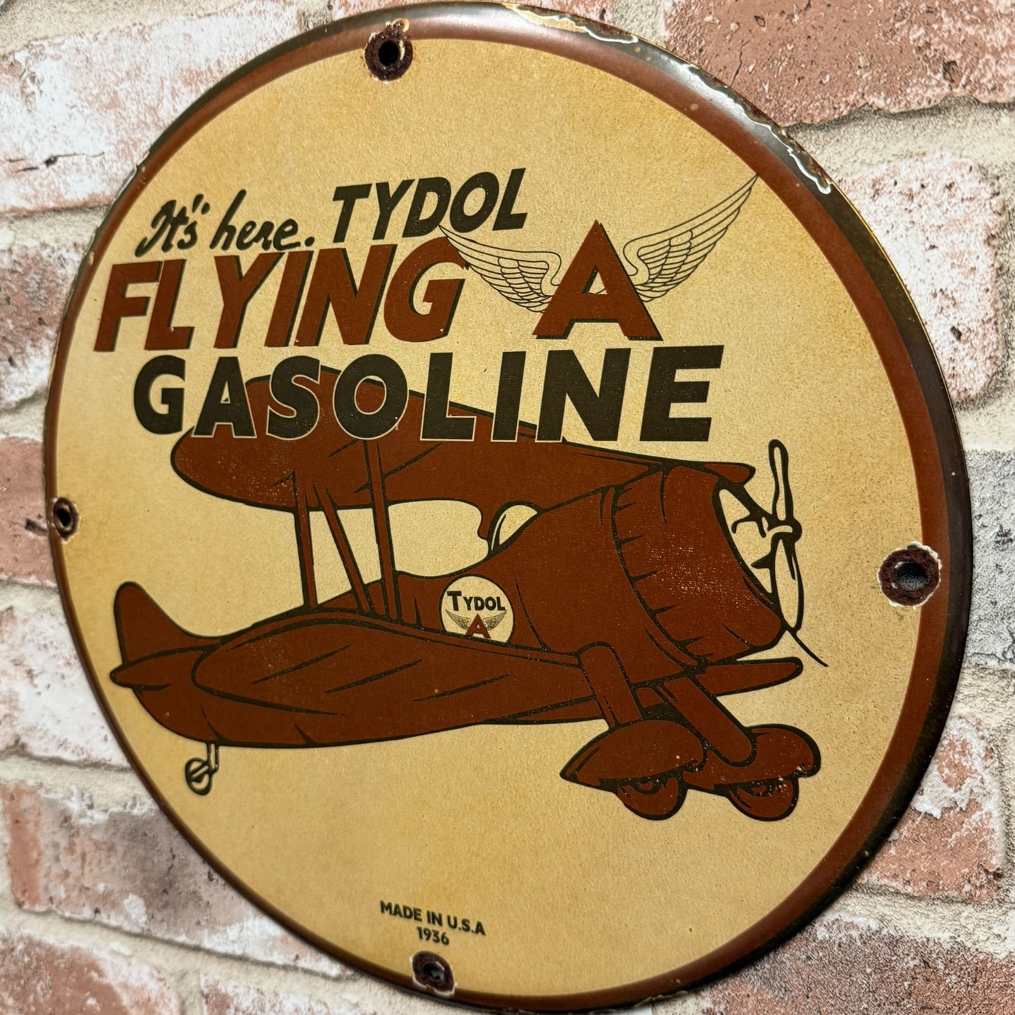 Tydol Flying A Gasoline 1936 Aviation Porcelain Enamel Sign (12in)