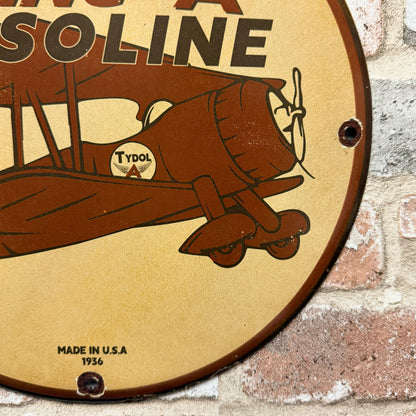 Tydol Flying A Gasoline 1936 Aviation Porcelain Enamel Sign (12in)