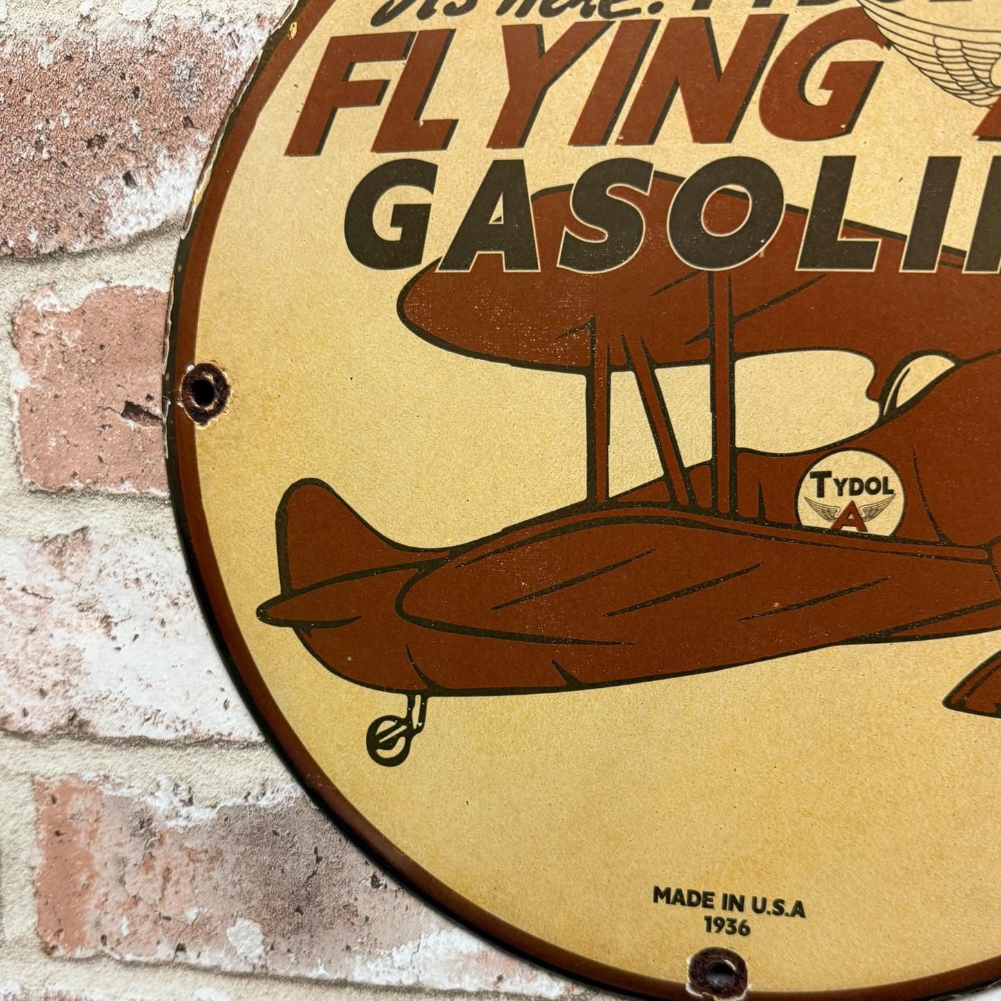 Tydol Flying A Gasoline 1936 Aviation Porcelain Enamel Sign (12in)