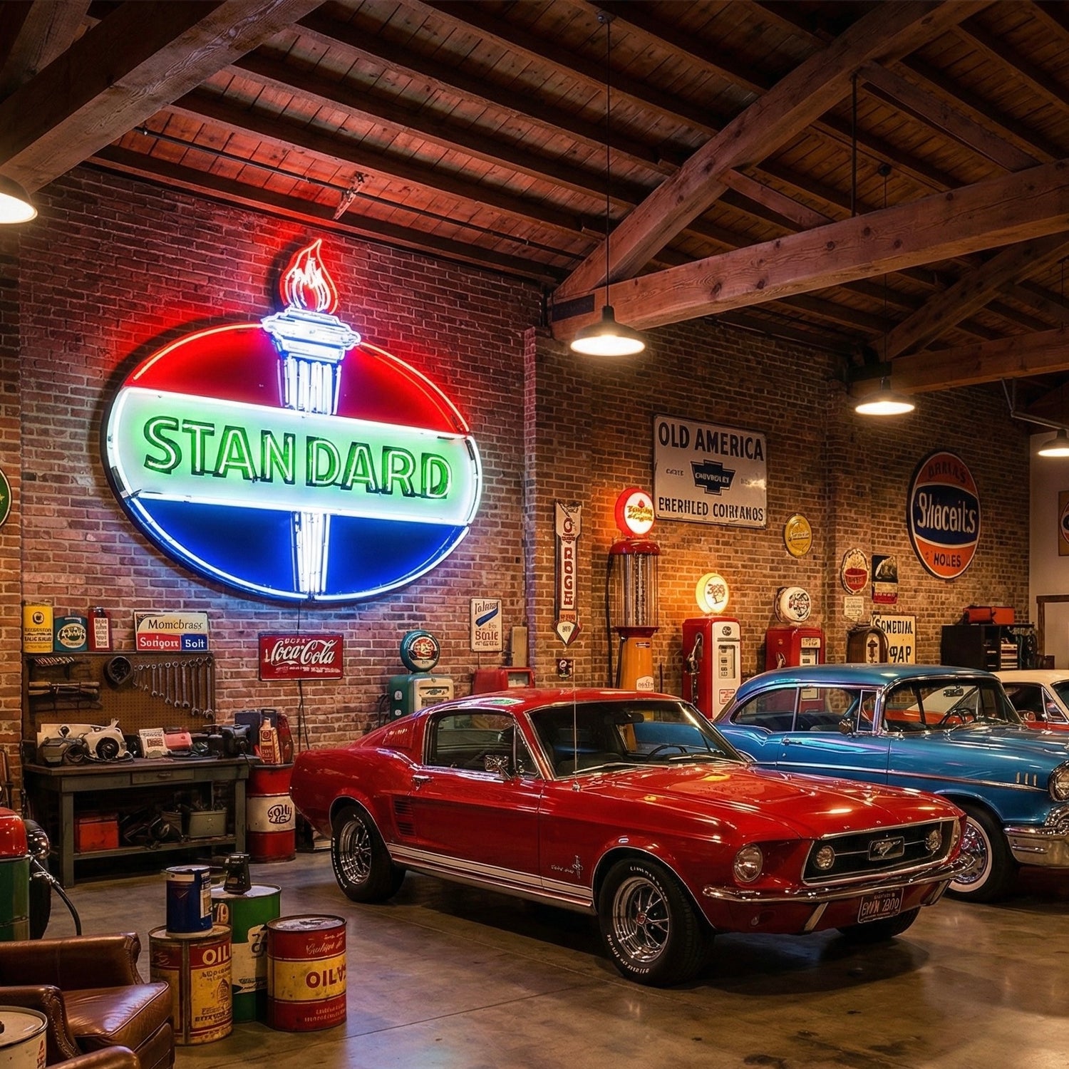 Yeah, iconic glowing standard oil torch with a dye cut can and porcelain enamel hanging on the wall and really large scale with a retro themed garage design. Space