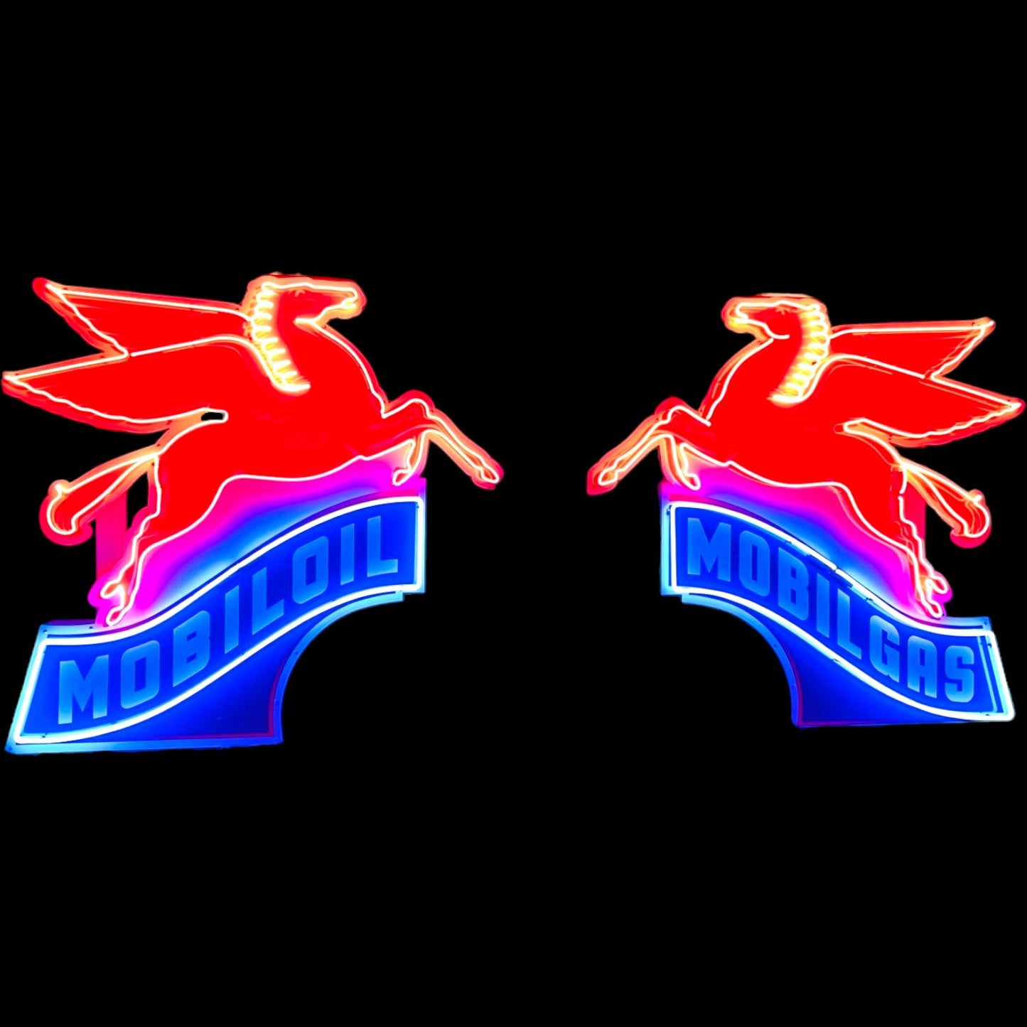 Pair of Mobilgas & Mobiloil Neon Porcelain Pegasus Script - Left and Right Set of 2