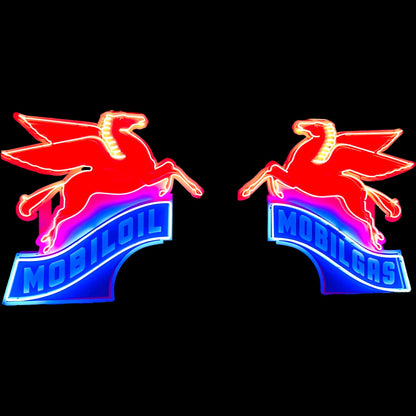 Pair of Mobilgas & Mobiloil Neon Porcelain Pegasus Script - Left and Right Set of 2