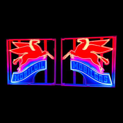 Pair of Mobilgas & Mobiloil Neon Porcelain Pegasus Script - Left and Right Set of 2