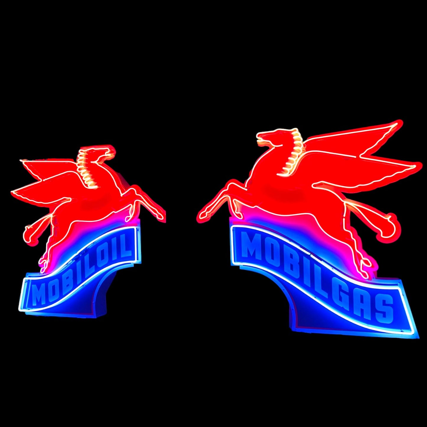 Pair of Mobilgas & Mobiloil Neon Porcelain Pegasus Script - Left and Right Set of 2