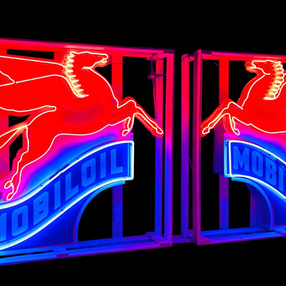 Pair of Mobilgas & Mobiloil Neon Porcelain Pegasus Script - Left and Right Set of 2