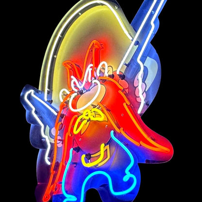 Yosemite Sam Die Cut Neon Porcelain with Steel Can Old Retro Cartoon Character Sign