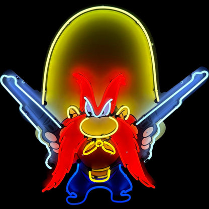 Yosemite Sam die-cut neon sign with bright red, yellow, blue, and white hand-blown neon tubing outlining the classic cartoon character holding two pistols.