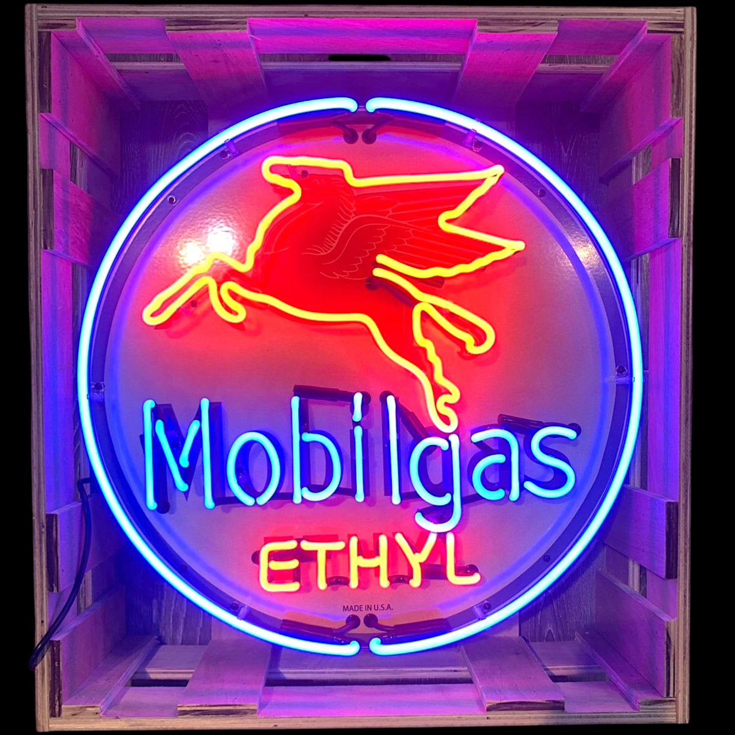 Mobilgas Ethyl Pegasus Neon Porcelain Advertising Sign with Can