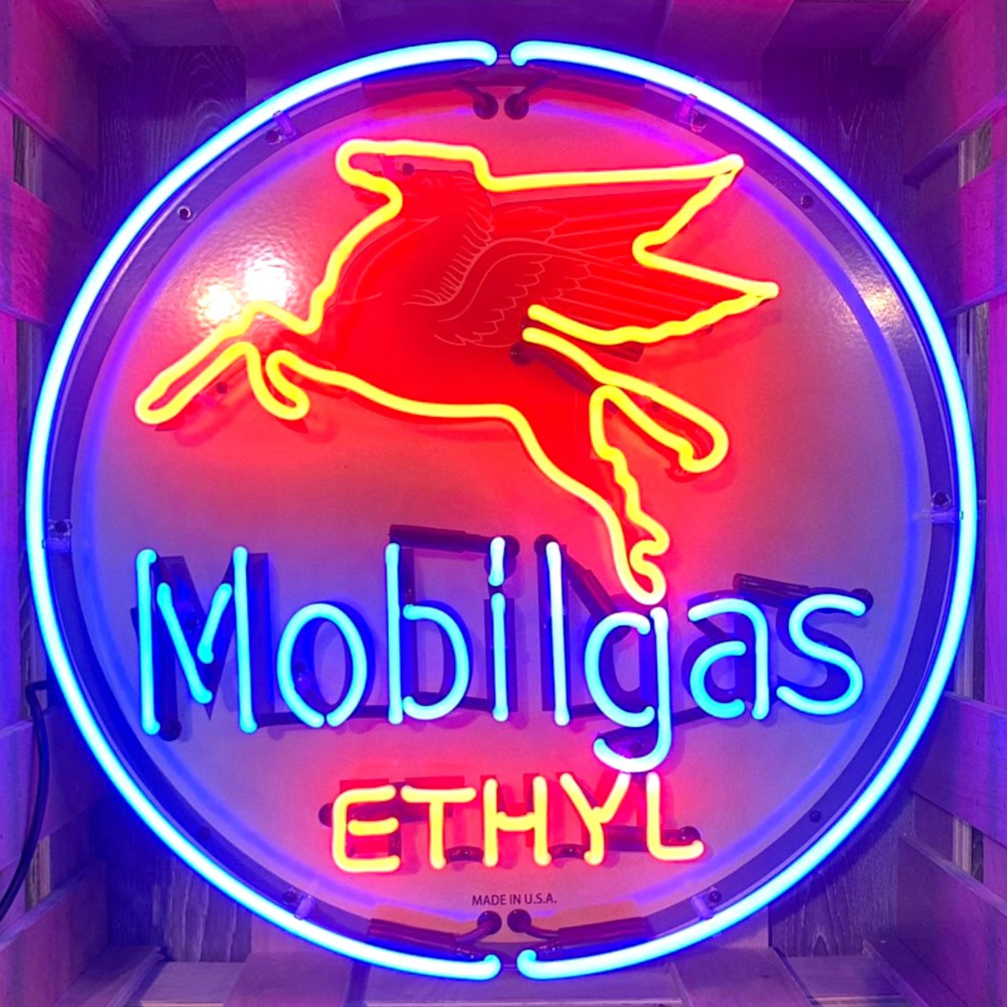 Mobilgas Ethyl Pegasus Neon Porcelain Advertising Sign with Can