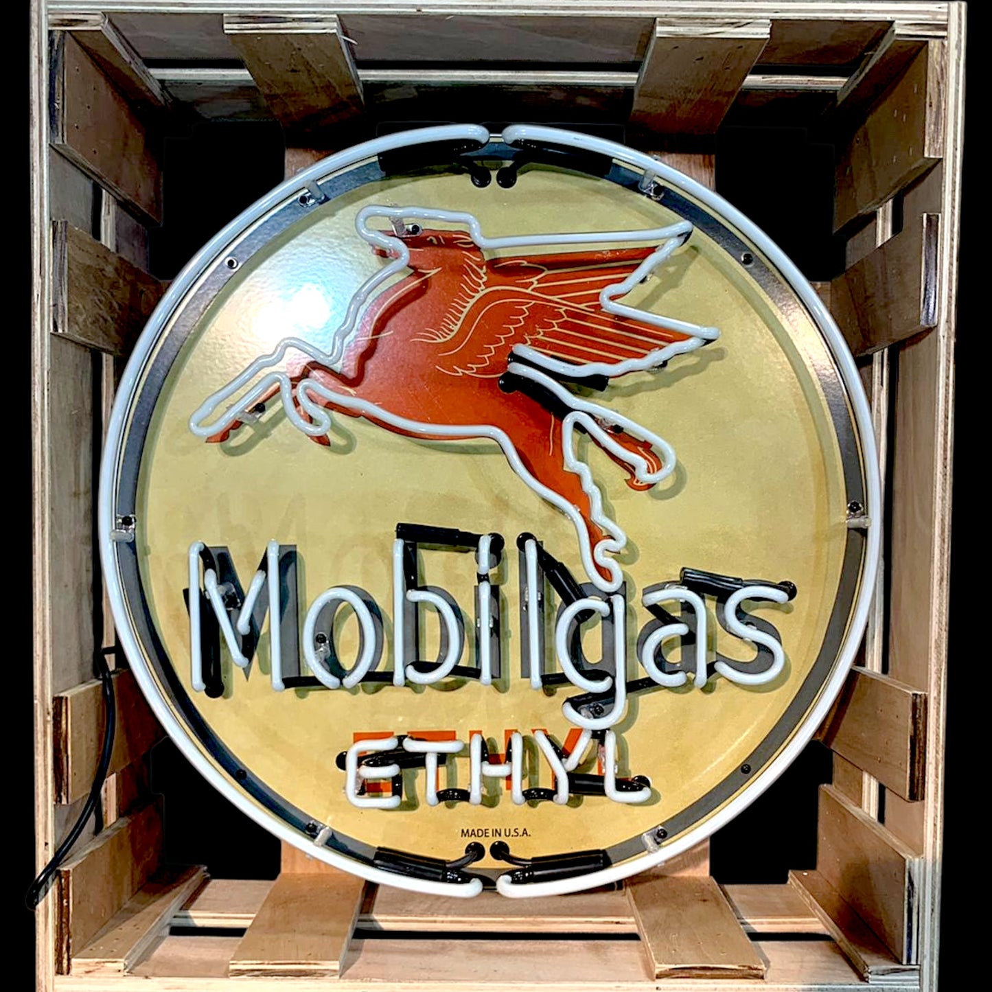 Mobilgas Ethyl Pegasus Neon Porcelain Advertising Sign with Can