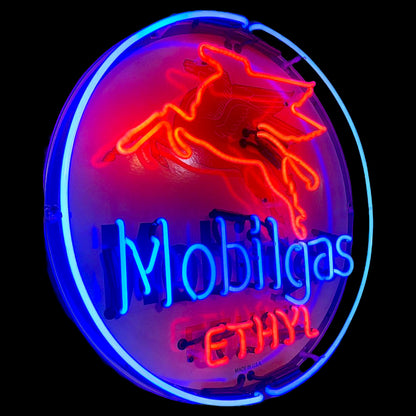 Mobilgas Ethyl Pegasus Neon Porcelain Advertising Sign with Can