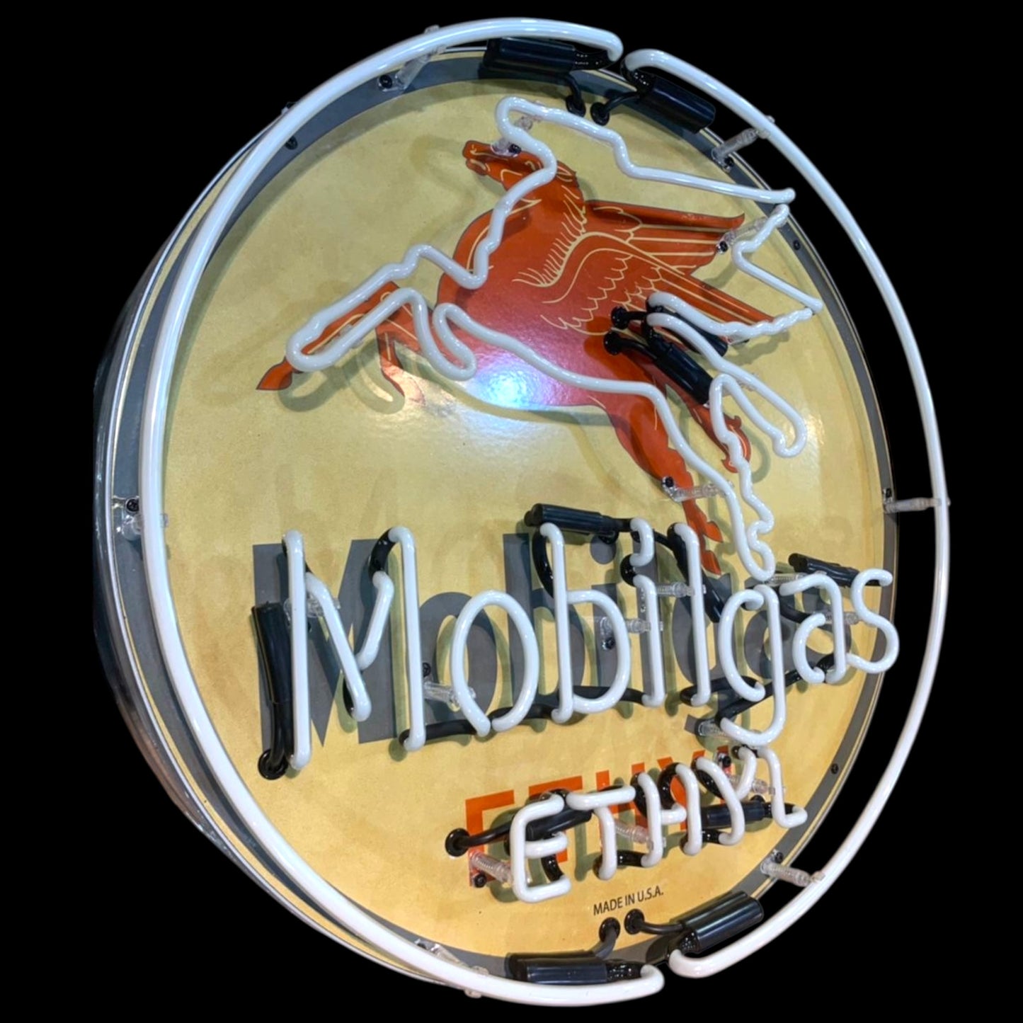 Mobilgas Ethyl Pegasus Neon Porcelain Advertising Sign with Can