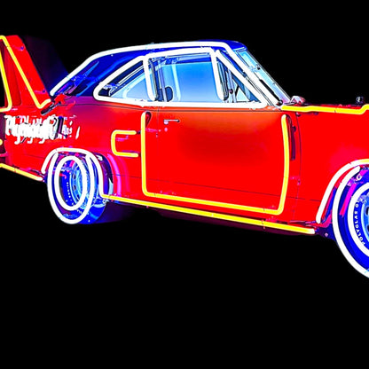 Neon-lit car with glowing red and blue colors on a black background