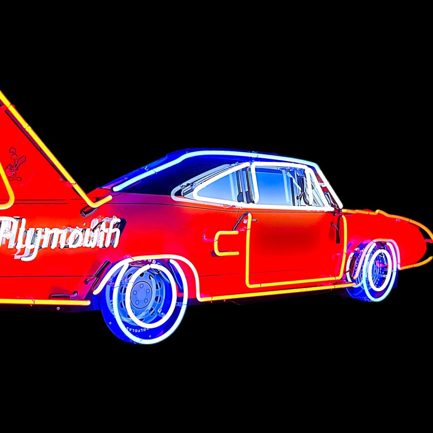 Neon sign of a red Plymouth car on a black background