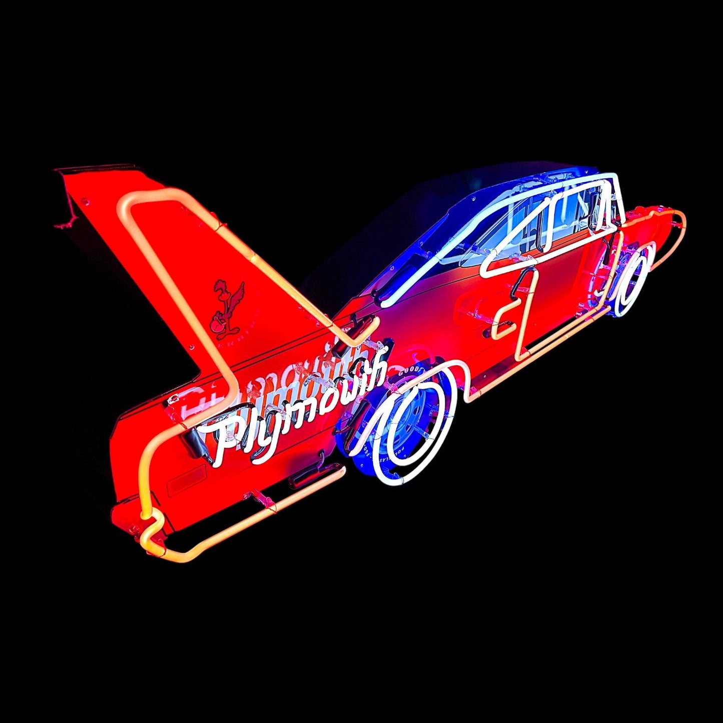 Neon sign of a red Plymouth car on a black background