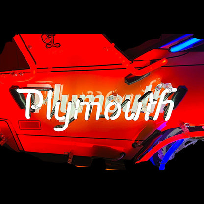 Neon sign with 'Plymouth' on a red background