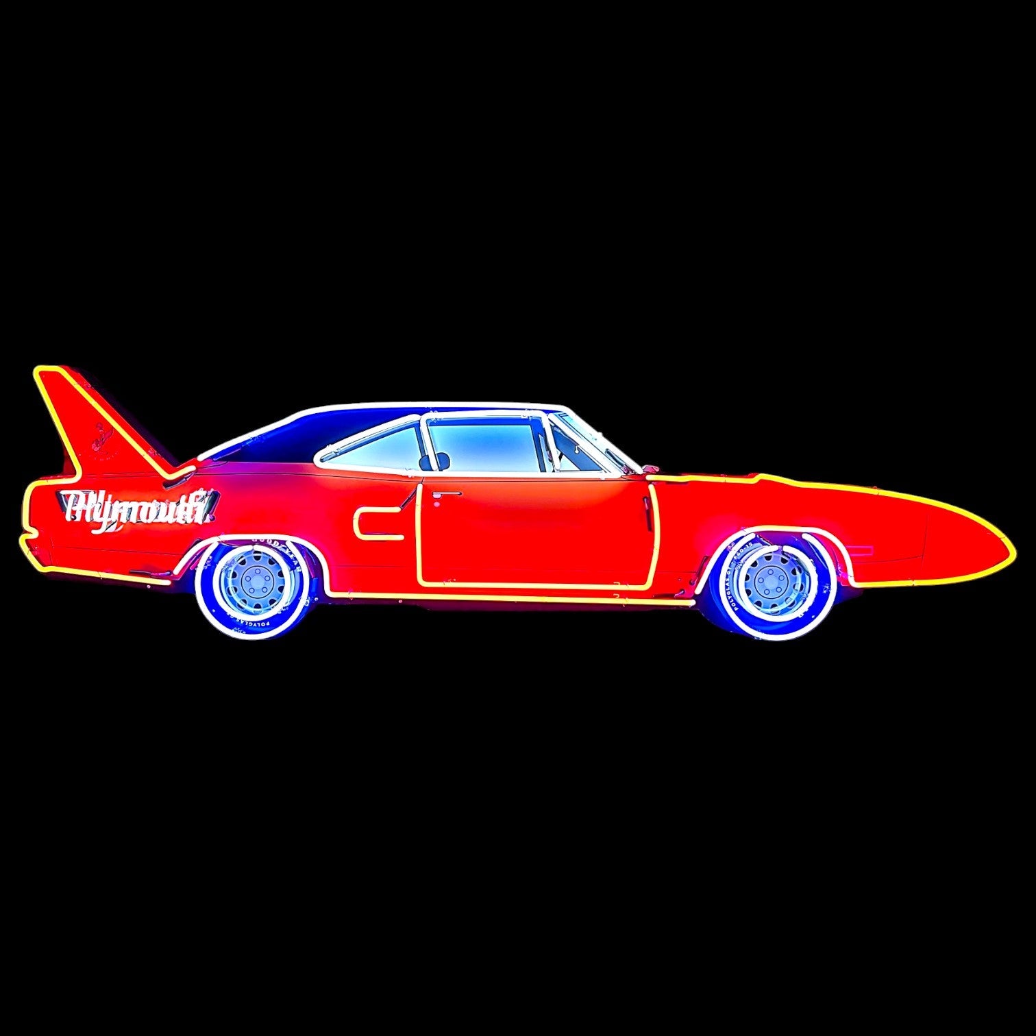 Neon sign of a red Plymouth Superbird muscle car, die-cut porcelain enamel with detailed multi-color neon tubing outlining the body and rear wing.