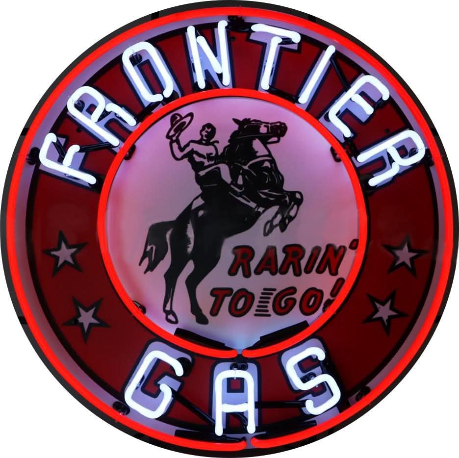Find Vintage Neon Frontier Gas Rarin' To Go Signs Original or Reproduction