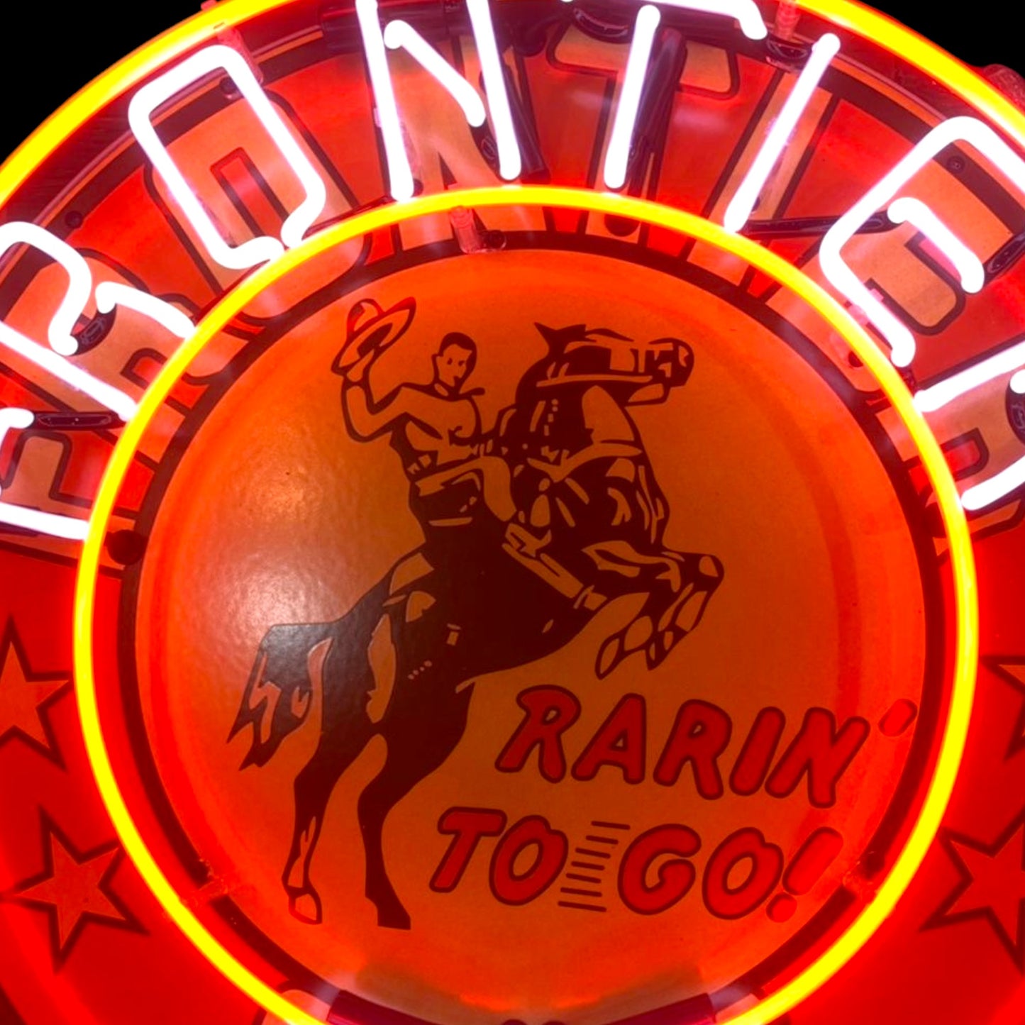Frontier Gas Rarin' To Go Single-Sided Neon Porcelain Box Sign