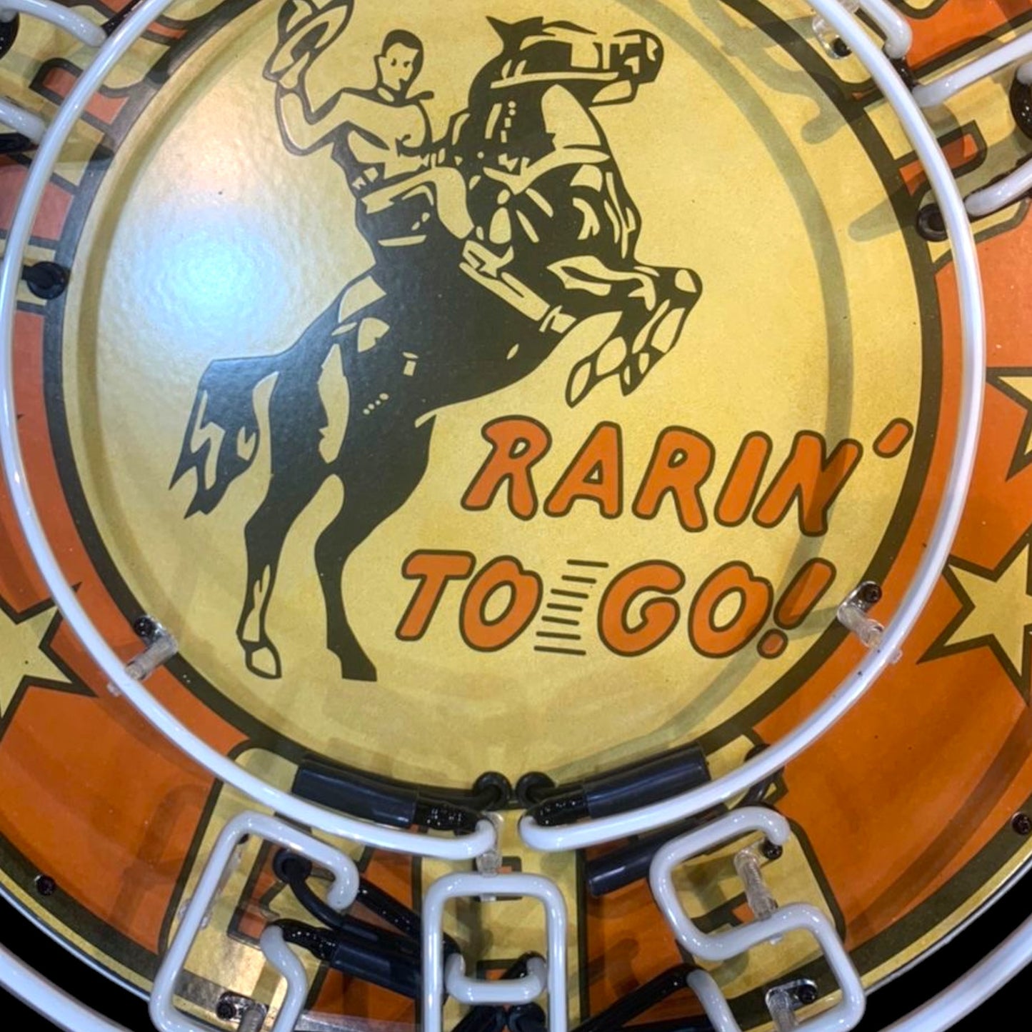 Frontier Gas Rarin' To Go Single-Sided Neon Porcelain Box Sign