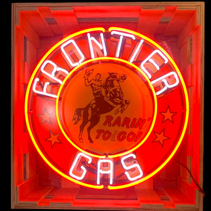 Frontier Gas Rarin' To Go Single-Sided Neon Porcelain Box Sign