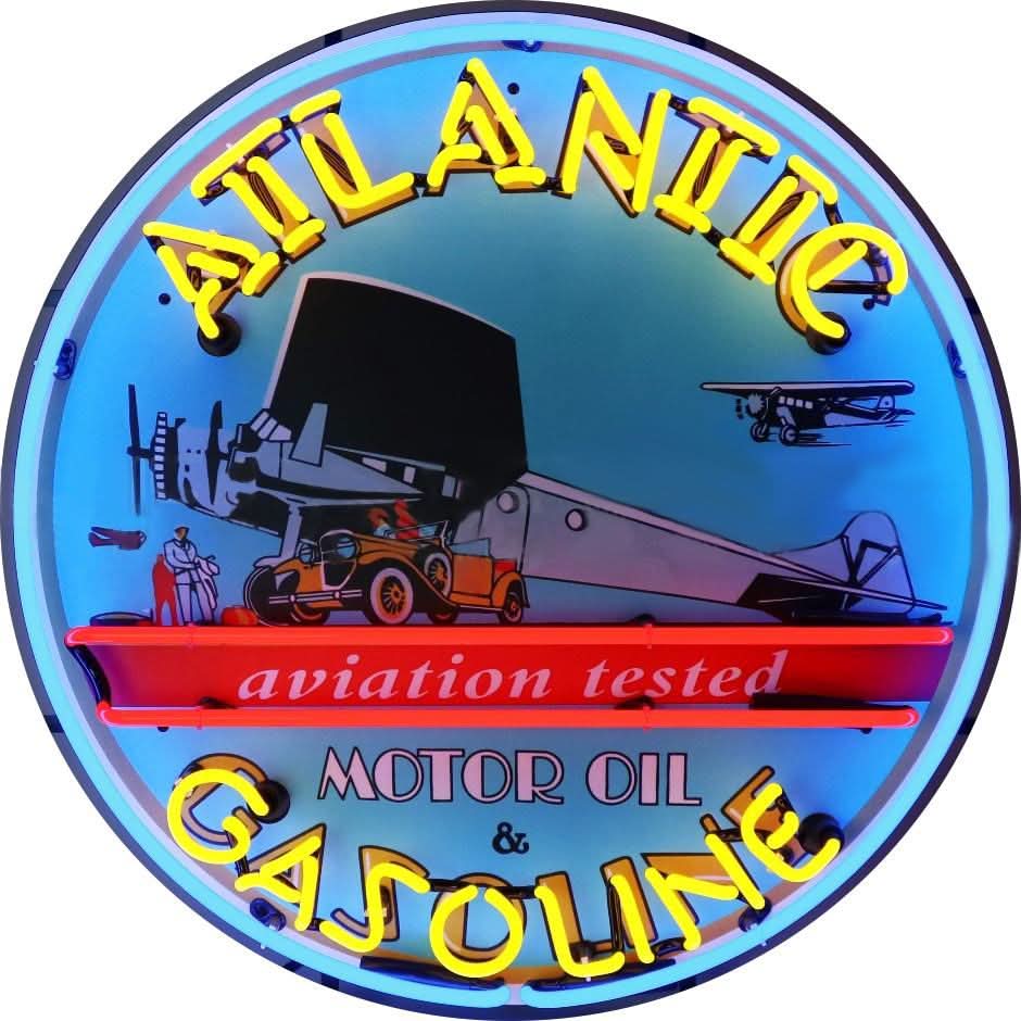 Buy Gas Oil Neon Atlantic Gasoline Aviation Tested Signs with Glass Tubes Porcelain Can
