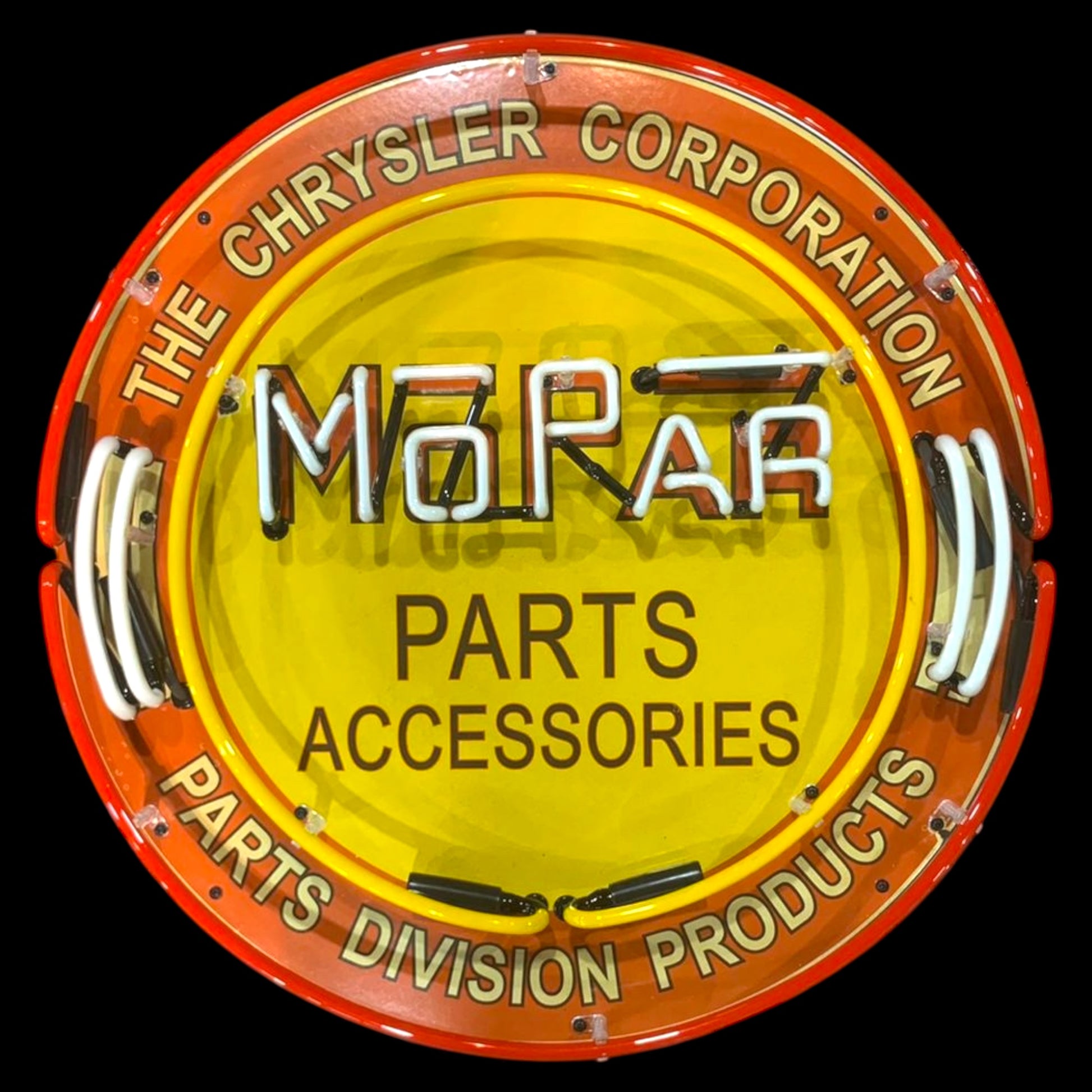 Mopar Parts and Accessories Neon Porcelain Sign – Chrysler Corporation Vintage Dealer Display