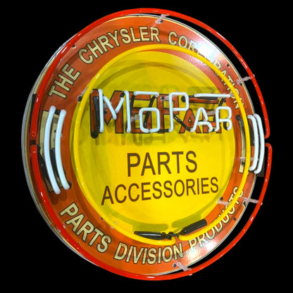 Side angle of Mopar neon sign with visible porcelain enamel detail and vintage lettering