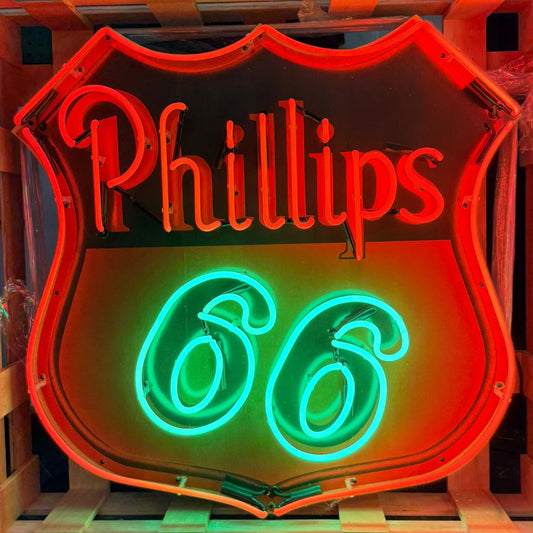 Phillips 66 U.S. Route Neon Porcelain Die Cut Shield Sign with Can