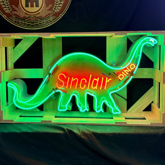 Vintage Sinclair Dino Real Neon Sign - Large Silhouette, Glass, Porcelain, Die Cut Steel Can
