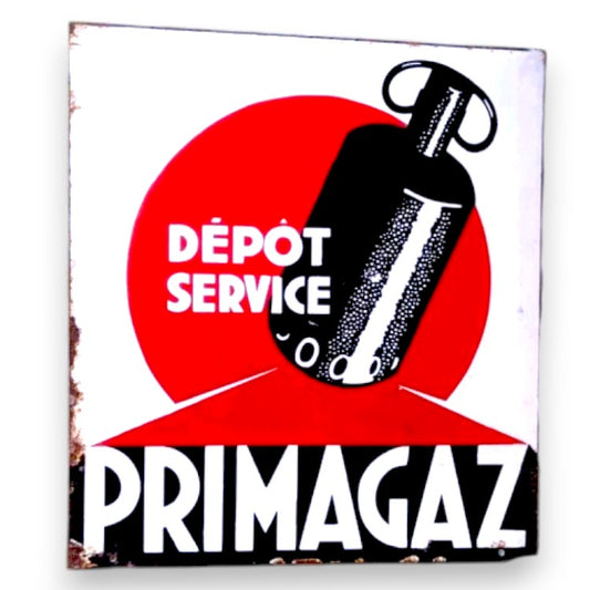 Primagaz Dépot Service vintage porcelain enamel panel sign with red background and gas cylinder graphic