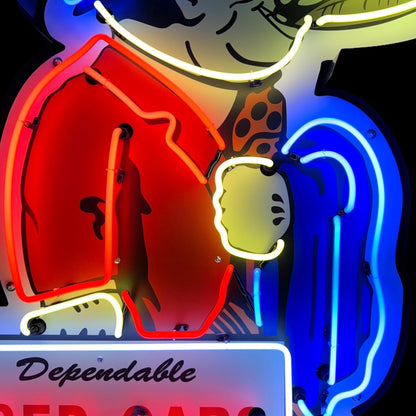 Dependable Used Cars Easy Terms Neon Die Cut Salesman with Briefcase Cigar