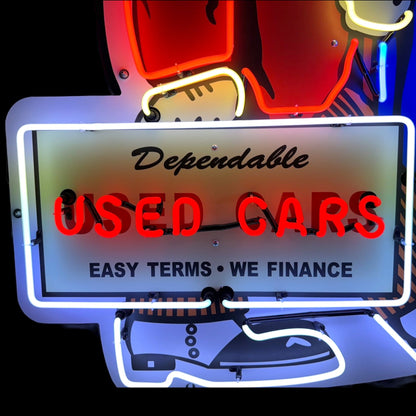 Dependable Used Cars Easy Terms Neon Die Cut Salesman with Briefcase Cigar