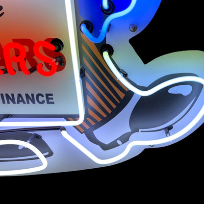 Dependable Used Cars Easy Terms Neon Die Cut Salesman with Briefcase Cigar