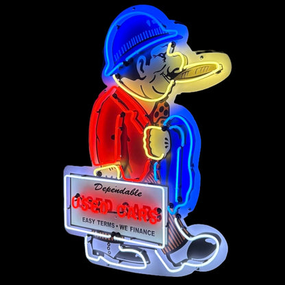 Dependable Used Cars Easy Terms Neon Die Cut Salesman with Briefcase Cigar