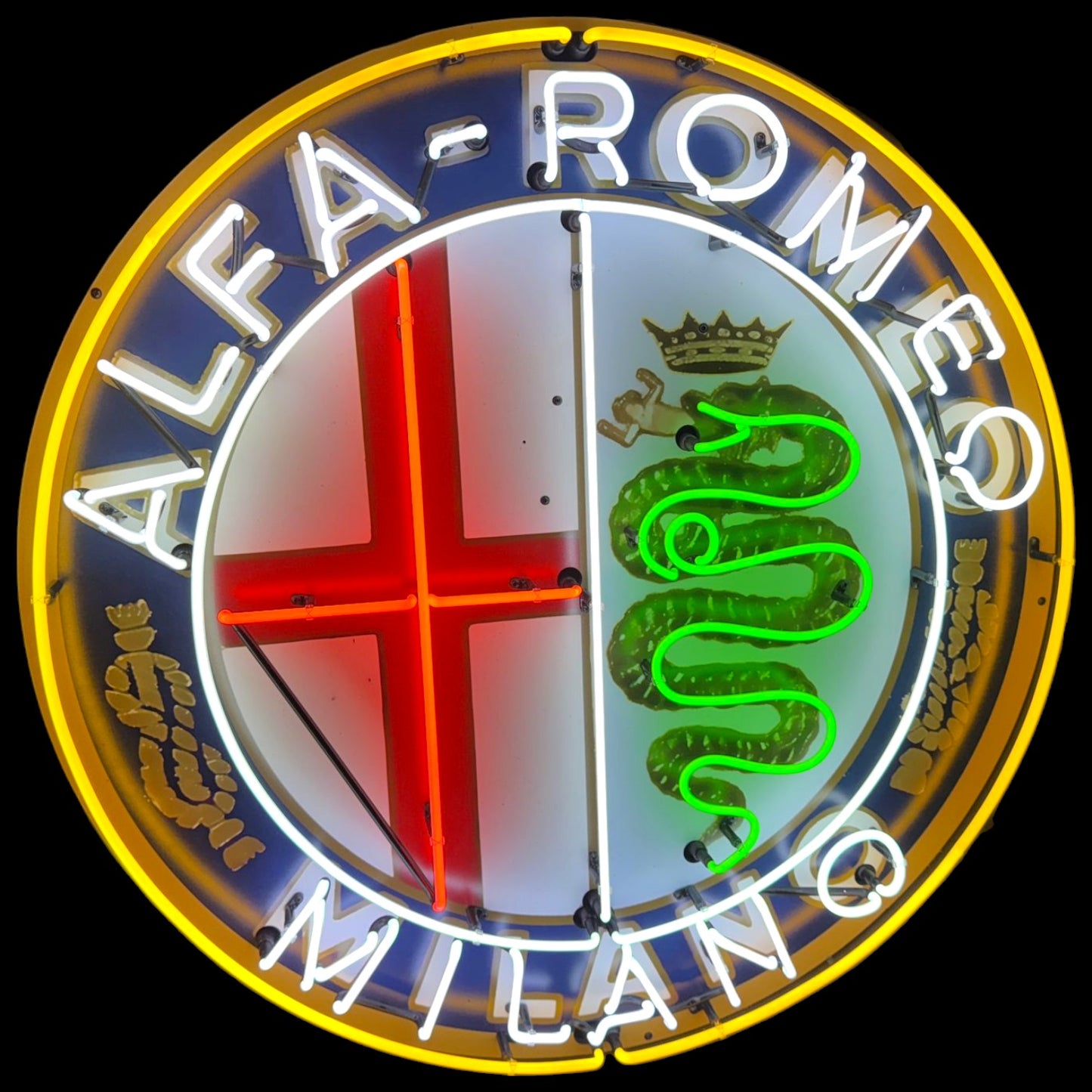 Neon sign of Alfa Romeo logo with red and green snake design on a black background