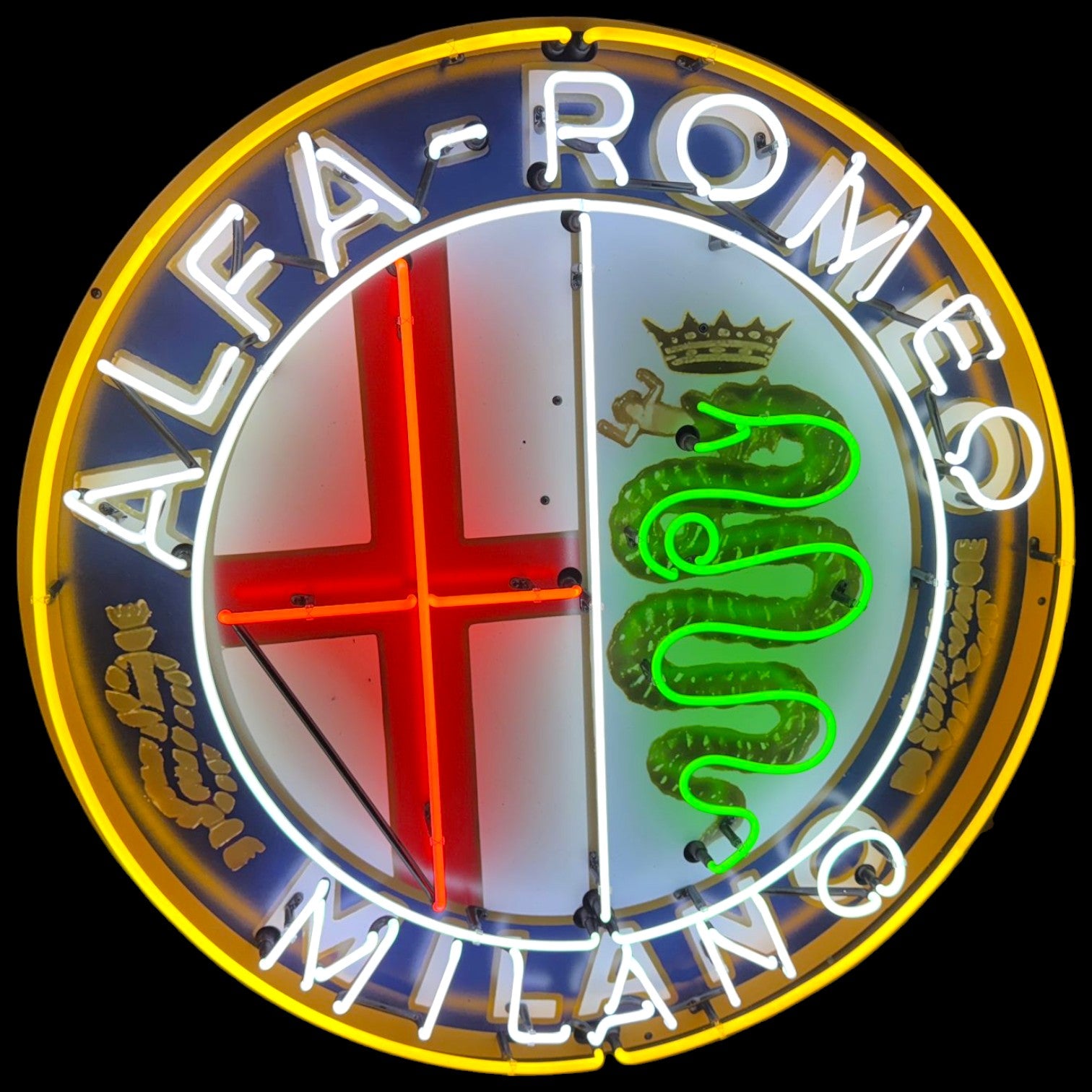 Neon sign of Alfa Romeo logo with red and green snake design on a black background