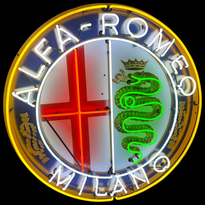 Neon sign of Alfa Romeo logo with red and green snake design on a black background