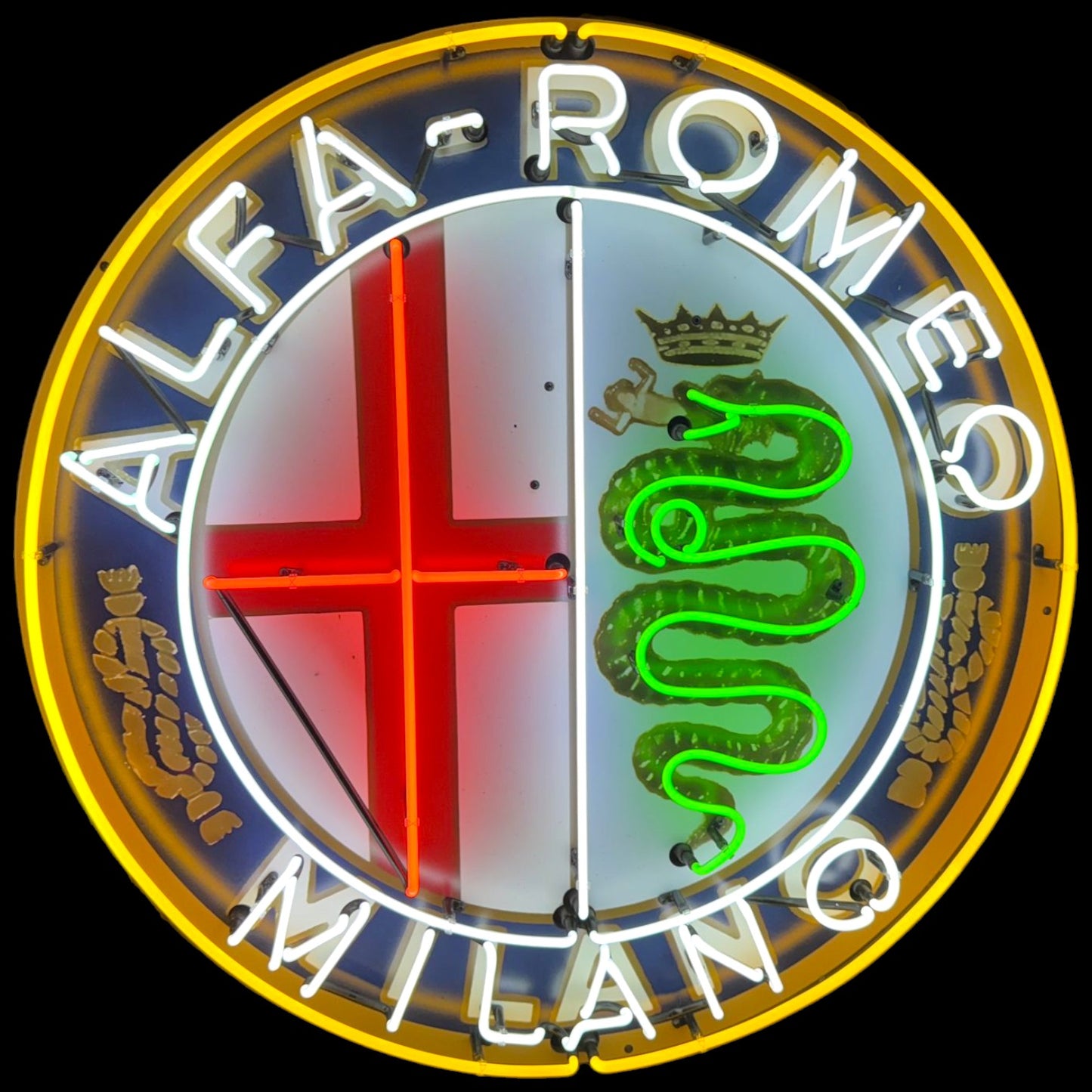 Neon sign of Alfa Romeo logo with red, white, and green colors.