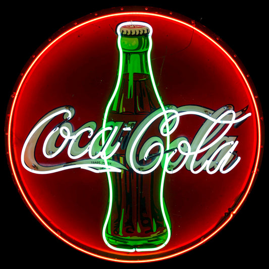 Classic Coca-Cola Neon Porcelain Button Sign with Metal Can - Vintage Soda Shop Advertising
