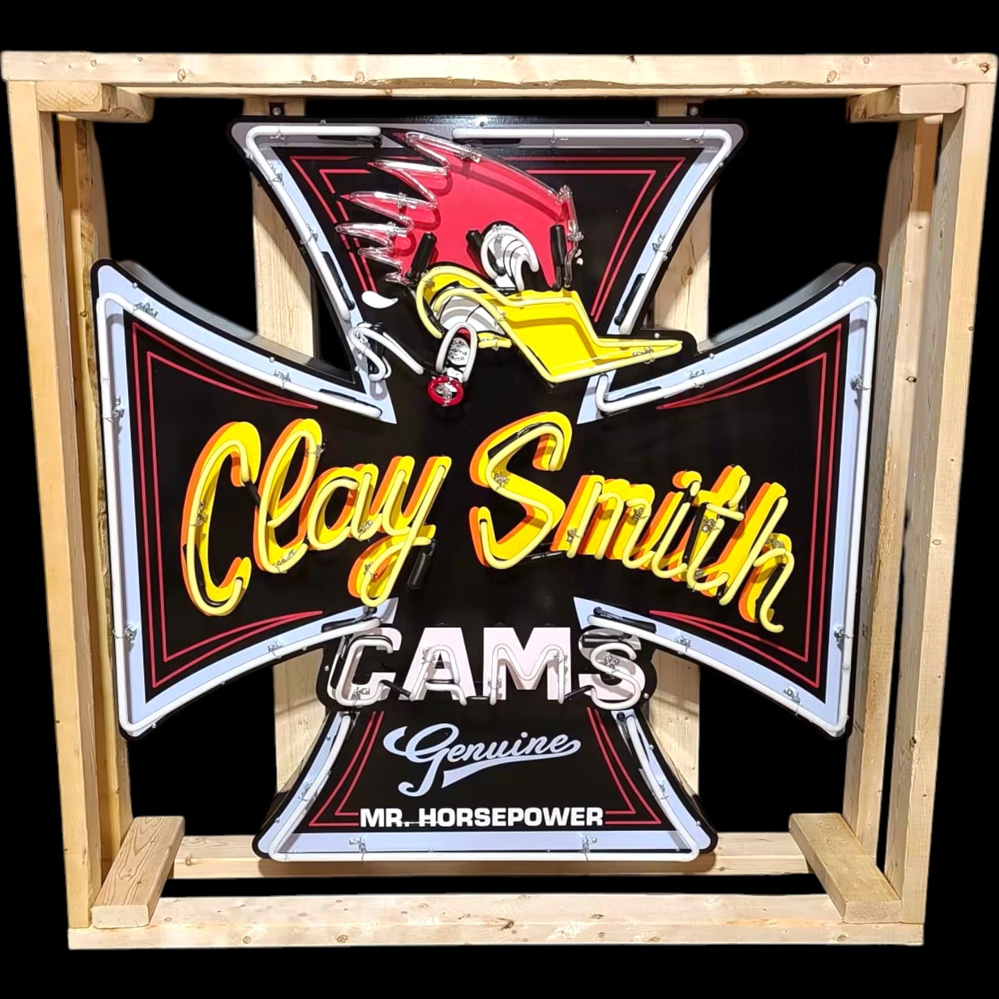 Mr. Horsepower Neon Die Cut Cross - Glass, Porcelain, Steel Can - Clay Smith Cams