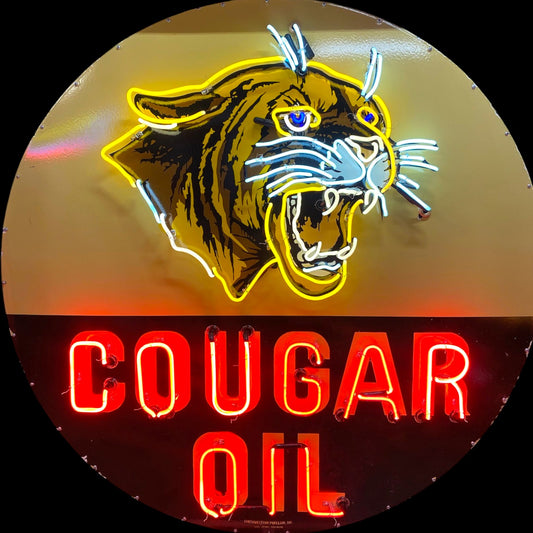 Vintage Cougar Oil Glass Neon Porcelain with Steel Can Reproduction
