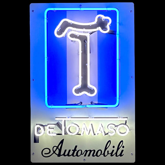 De Tomaso Automobili neon sign with glowing crest and porcelain face