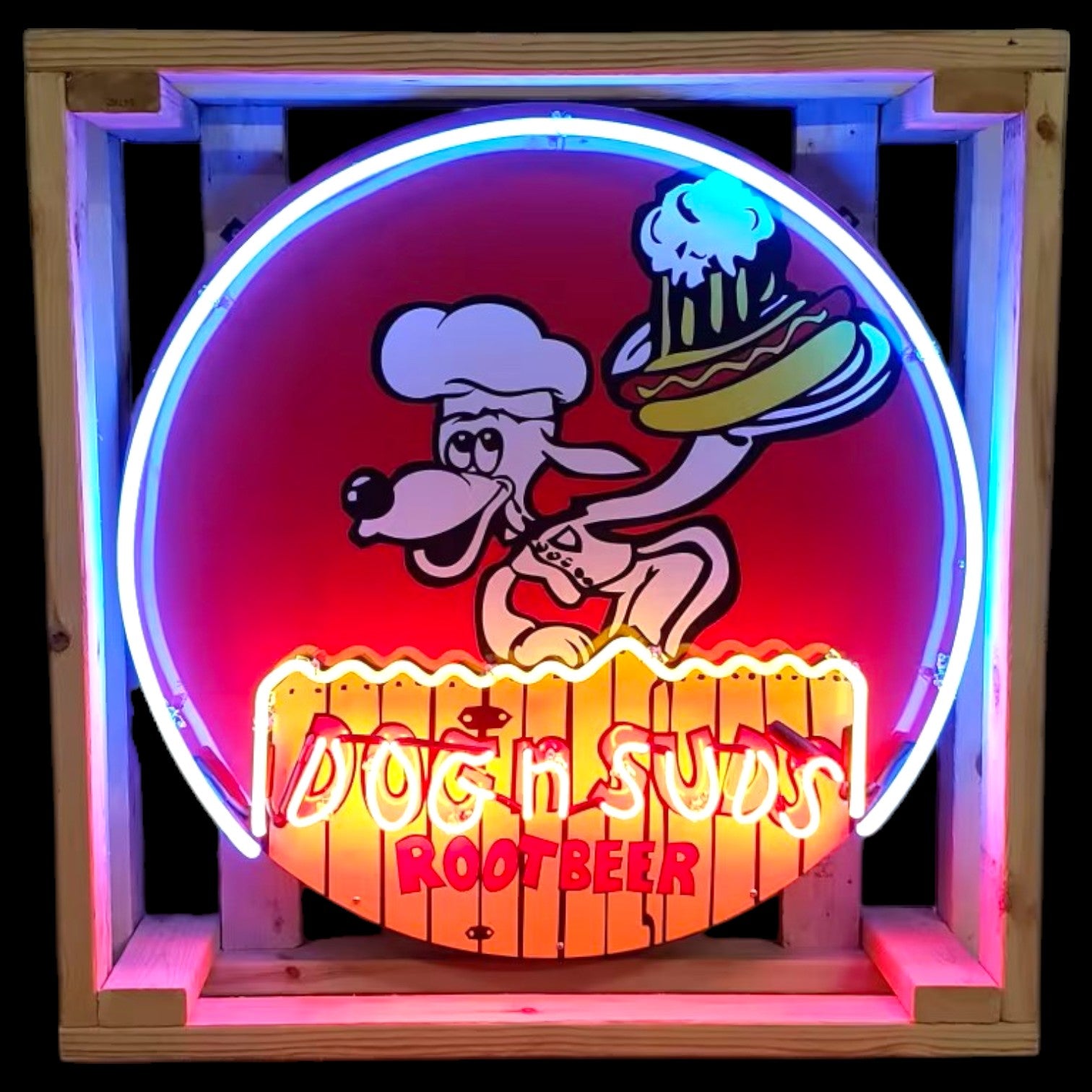 Dog N Suds Root Beer - Glass Neon Porcelain Sign with Metal Can