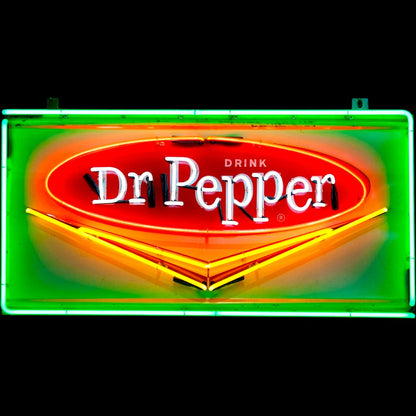 Vintage-style Dr Pepper neon sign with green border, red oval, and white lettering, featuring real hand-blown neon tubing.