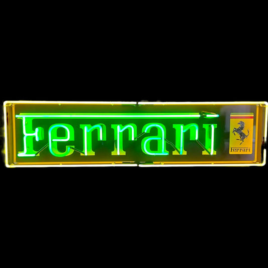 Green and yellow Ferrari neon panel sign with glowing yellow script with prancing horse
