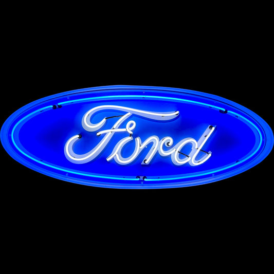 Classic Ford blue oval neon sign with white script and porcelain finish